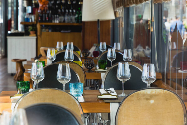 Table setting of outdoor cafe in center of Porto, Portugal