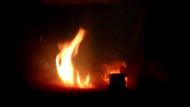 明るいオレンジ色の炎と暗い背景と自宅で暖炉の木のログ — ストック動画