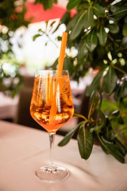 Turuncu aperol spritz. Alkollü yaz içeceği. Kafede yeşil fabrika yakınlarında, parlak arka planda.