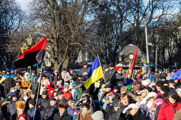 Lviv Ukraine December 2013 Protesters Political Signs National Ukrainian Flags — Stock Photo, Image