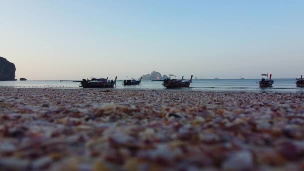 Traditional Thai Longtail Boats Blue Seaside Nang Beach Town Andaman — Stock Video