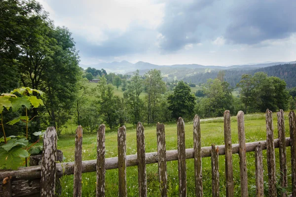 Grass Green Summer Pasture Wooden Fence Farm Carpathian Mountains Ukraine — Stock Photo, Image