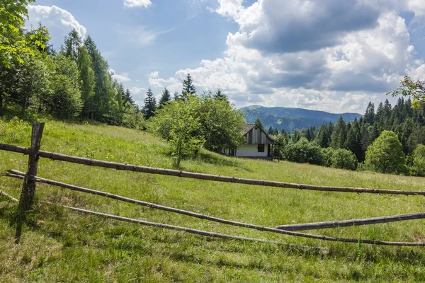 Abgelegenes Holzhaus Isolation Mit Gras Auf Grüner Sommerweide Mit Holzzaun — Stockfoto