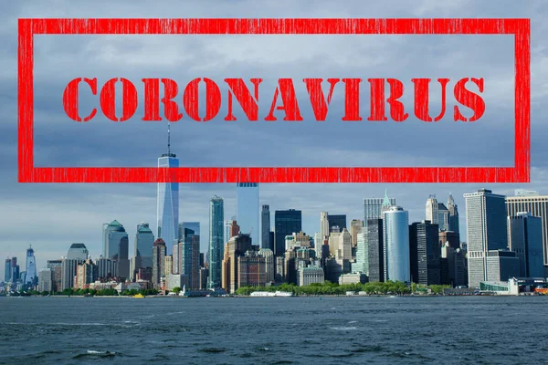 Corona virus in New York CIty, red covid-19 sign on Manhattan skyline with blue sky background, New York cityscape, towns of USA