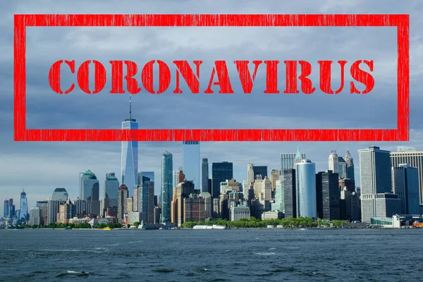 Corona Virus New York City Red Covid Sign Manhattan Skyline Stock Picture