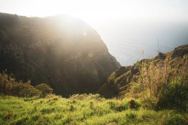 Atlantik Okyanusu 'nun kayalıklarında güzel bir gün batımı manzarası. Mavi dalgalar ve Madeira adasında parlak yeşil çimenler.