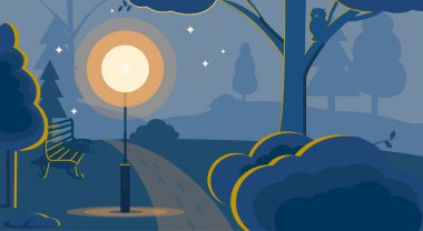 Bir bank ve sokak lambasıyla Akşam Parkı