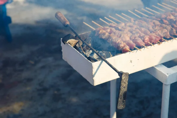 Viande rôtie sur bâtonnets de bois. La viande est frite au charbon de bois . — Photo