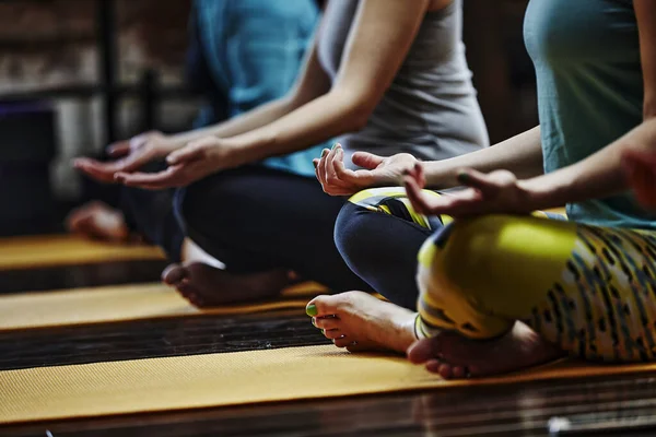 Clase de yoga personas estilo de vida con mujeres grupo en pose de loto meditando en relax silencio gimnasio estudio indoor . Fotos de stock