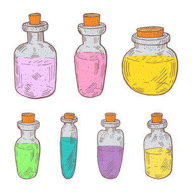 Bir dizi vektör vintage el gerekli yağ şişelerini çekti. Kozmetik