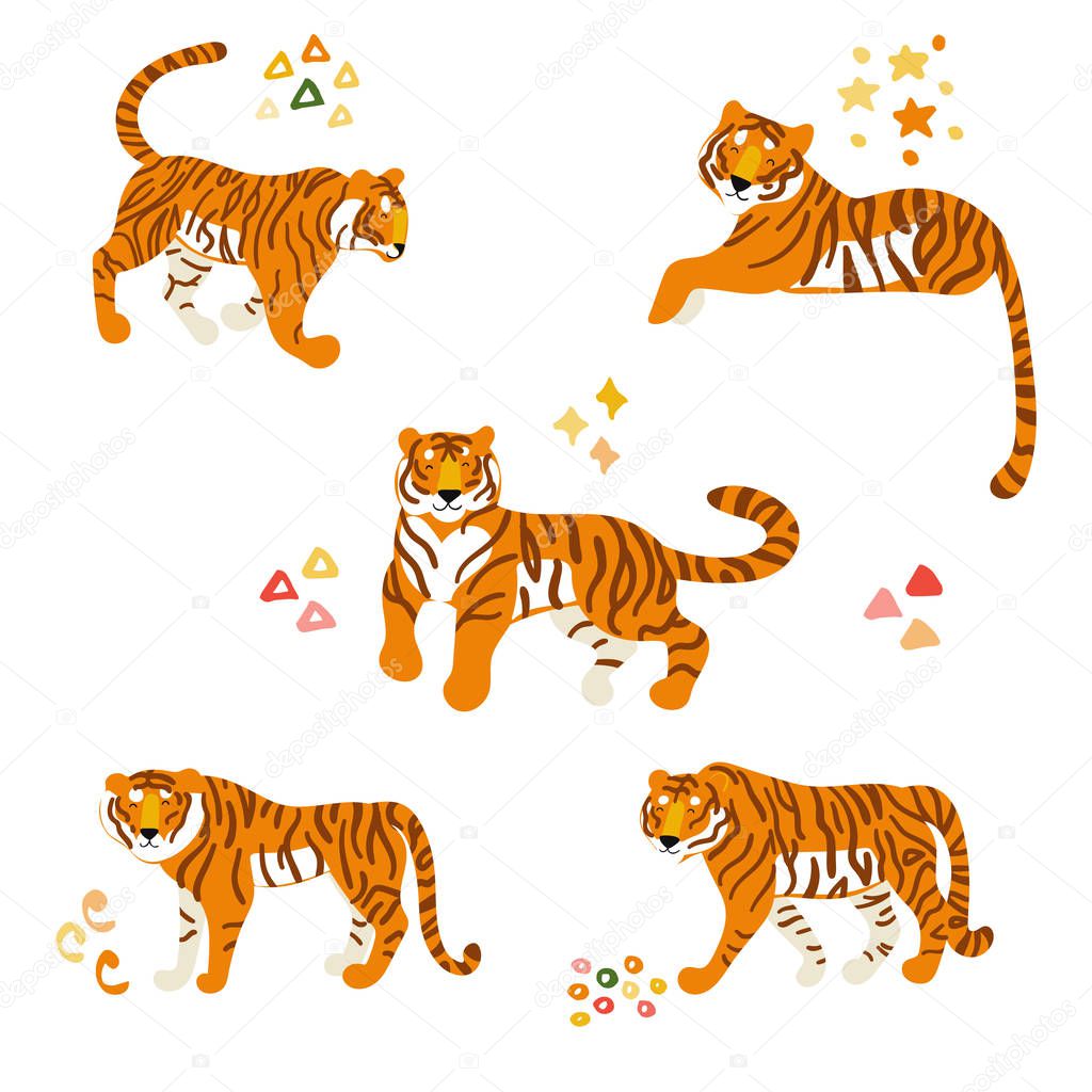 Tigers. Set of vector hand drawn flat animal illustrations. Cart