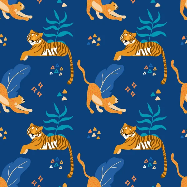 Tigri e giaguari. Modello vettoriale disegnato a mano senza cuciture. Ornamento — Vettoriale Stock