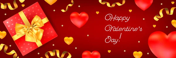 Hediye kutusu ve kalpleri olan kırmızı sevgililer günü bayrağı. Romantik kart.