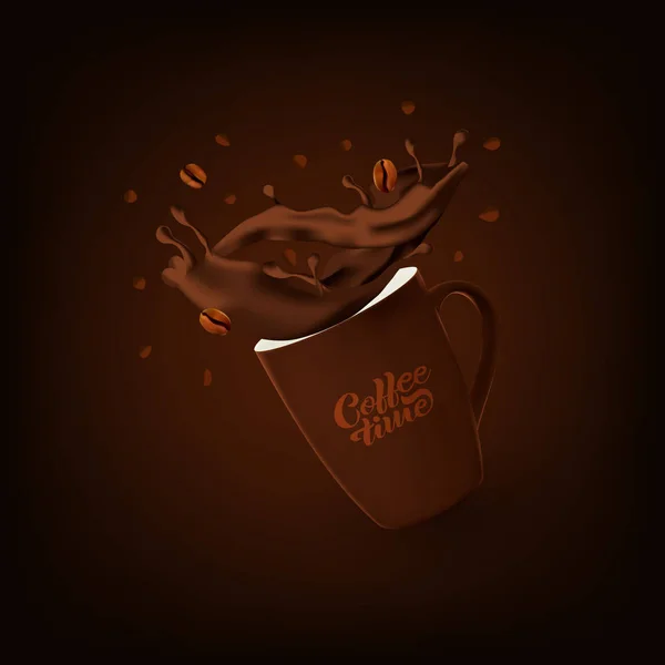 Realistic coffee mug with splash and beans. Cafe banner. — ストックベクタ