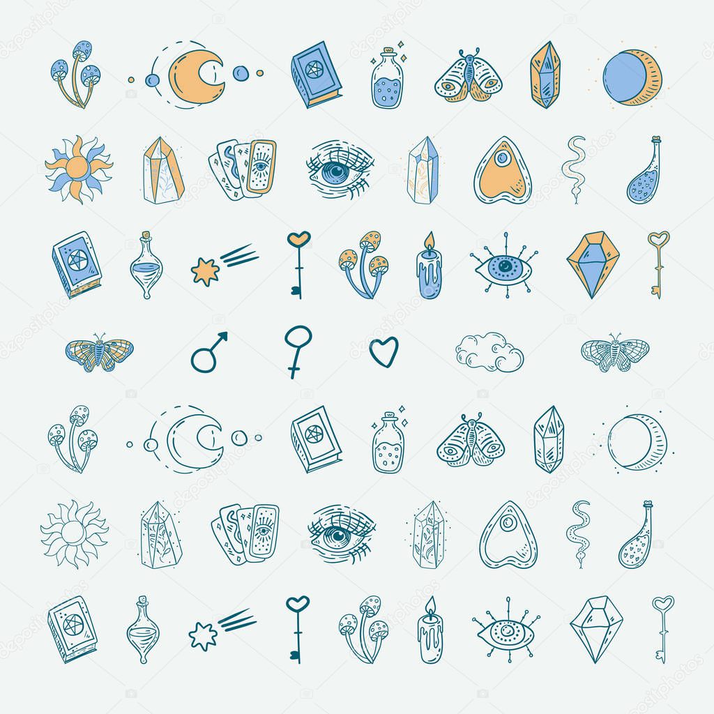 Set of magical elements. Mystic icons in outline, line art, flat