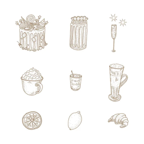 Vintage coffee collection. Food illustration in sketch style. Desserts and drinks isolated on white background.