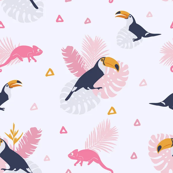 Tukanlarla Tropikal Desen Yaz Dönemi Güzel Kuşlar Duvar Kağıdı — Stok Vektör