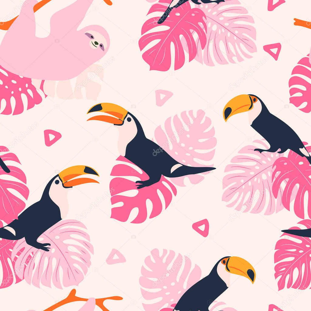 Tropical pattern with toucans. Summer background. Cute birds wallpaper.