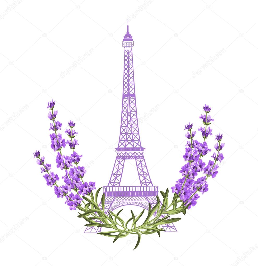 Eiffel tower with lavender flowers.