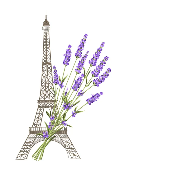Torre Eiffel con flores de lavanda . — Vector de stock