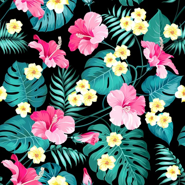 Tropische bloemen en jungle palmen. — Stockvector