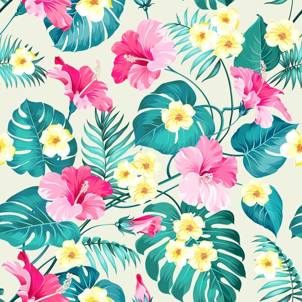 Tropical flowers and jungle palms.