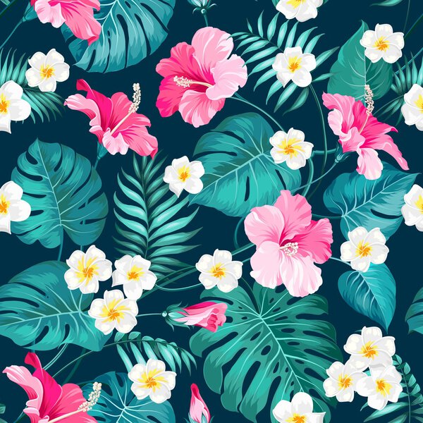 Tropical flowers and jungle palms.