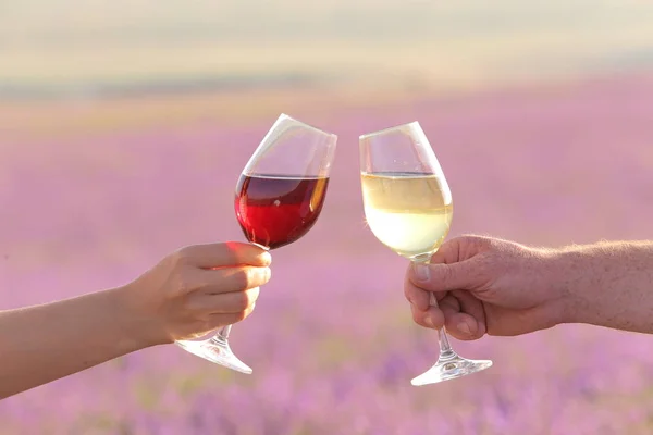 Zwei Hände beim Anstoßen von Weingläsern. — Stockfoto