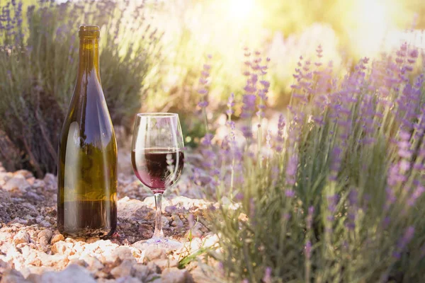 Wine over lavender field. — Stock Photo, Image