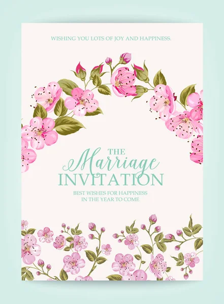 Wedding invitation card with pink flowers. — Stock Vector