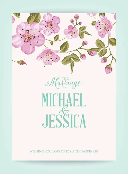 Hochzeitseinladungskarte mit rosa Blumen. — Stockvektor