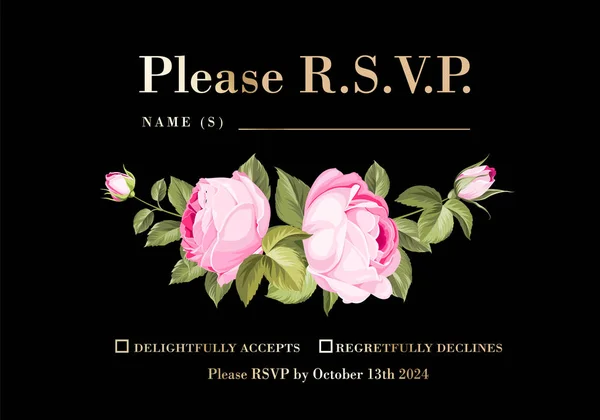 Tarjeta de invitación RSVP con guirnalda de rosas florales y texto tepmplate . — Archivo Imágenes Vectoriales