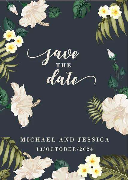 Invitación a cóctel con flores tropicales de plumería, hibisco blanco y hojas de palma sobre fondo gris . — Vector de stock
