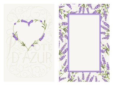 Mesaj yeri ve çiçek çerçeveli düğün davetiyesi. Provence kartı için lavanta çerçevesi. Gri çiçekli basılabilir klasik evlilik davetiyesi.