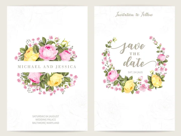 Spara datumkortet med textplats och blomsterram. Sommaren ros blommor ram för inbjudningskort. vintage äktenskap inbjudan med blommor över vit bakgrund. — Stock vektor
