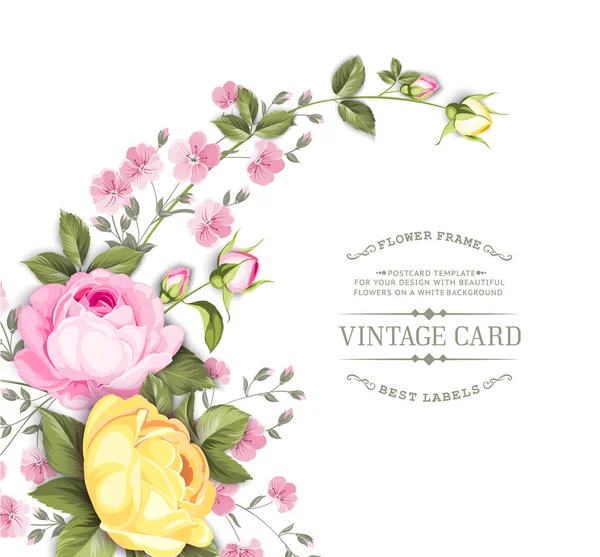 Guirnalda de flores de rosa para tarjeta de invitación. Plantilla de tarjeta de invitación con flores en flor y texto personalizado aislado sobre blanco. Rosa flores de rosa sobre el fondo blanco . — Vector de stock