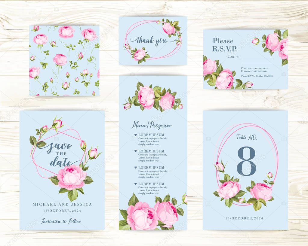 Vintage flowers templates set over wooden background.