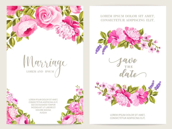 Speichern Sie die Datumskarte mit Textort und Blumenrahmen. Urlaub Rosen Rahmen für Einladungskarte Vorlage. druckbare Hochzeitseinladung mit Blumen auf weißem Hintergrund. — Stockvektor