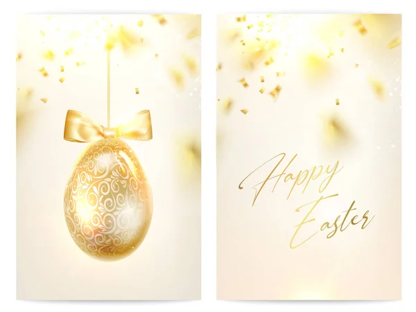 Dos páginas de tarjetas de felicitación feliz Pascua. Colección de plantillas de invitación, huevos de Pascua dorados sobre bokeh borroso y confeti sobre fondo gris . — Vector de stock