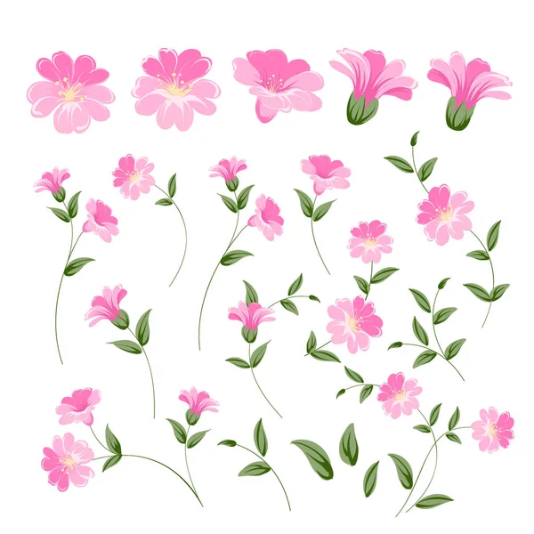 リナムの花の要素のセット。白い背景に亜麻の花のコレクション。花は白に対して孤立します。美しい花のセット. — ストックベクタ