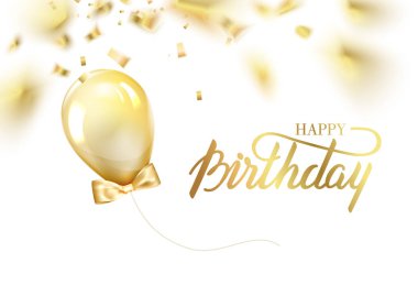 Altın folyo konfeti ve parıltılı altın balonlarla doğum günü kartı şablonunuz kutlu olsun. El yapımı davetiye. Colligaphic metin doğum günü beyazın üzerinde izole edildi.