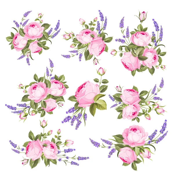 Conjunto vectorial de flores florecientes para su diseño. Primavera, boda de verano romántico elegante fecha símbolo de matrimonio. Guirnalda de rosa y lavanda, ramo para su plantilla, diseño de la tarjeta de invitación . — Vector de stock