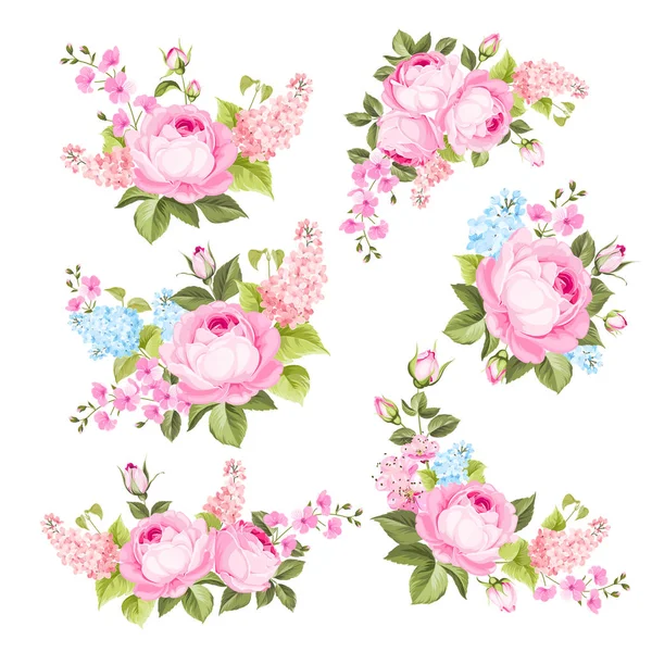Spring rose and lilac flowers bouquet of color bud garland. Label with rose and lilac flowers. Hand drawn nature painting. Floral design elements. — Stock vektor