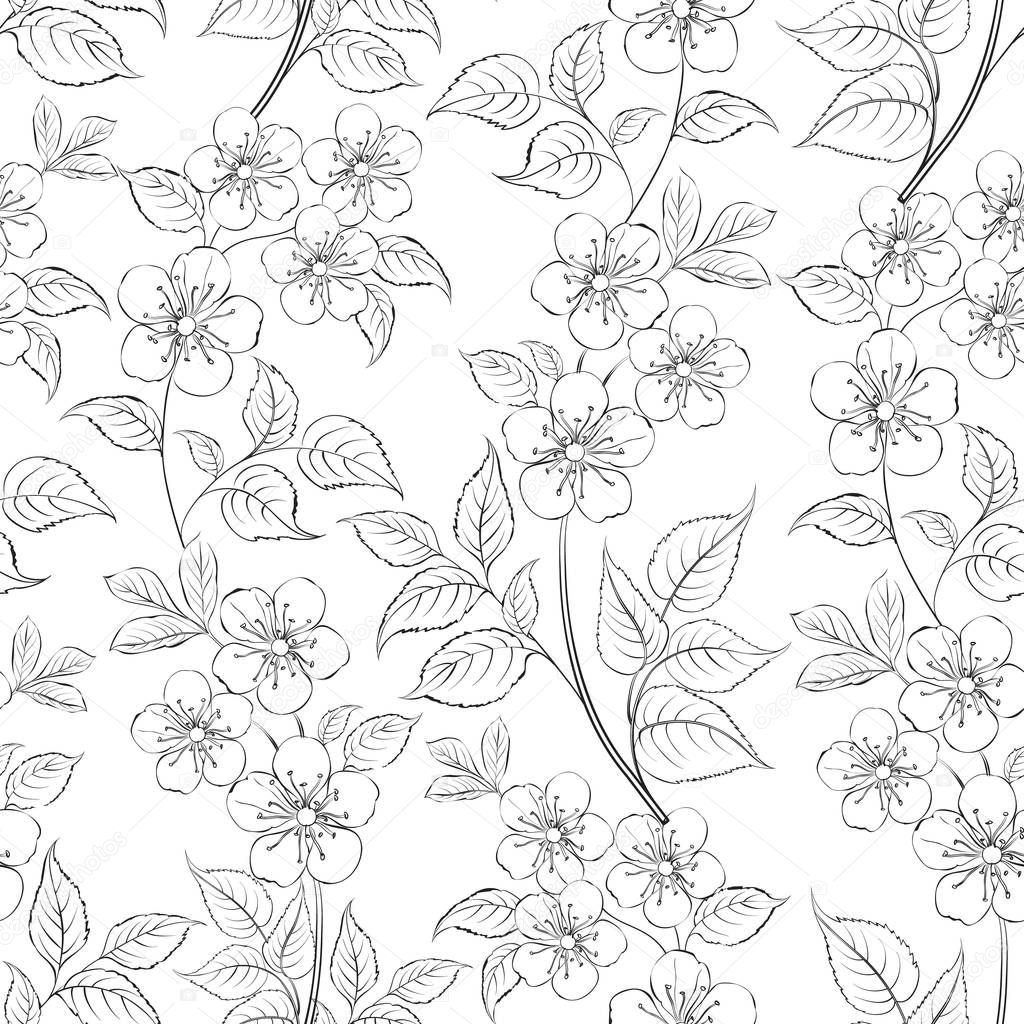 Cherry blossom seamless pattern. Hand drawn spring blossom trees. Floral pattern for wedding invitations, greeting cards, scrapbooking, print, fabric, gift wrap, material, manufacturing.