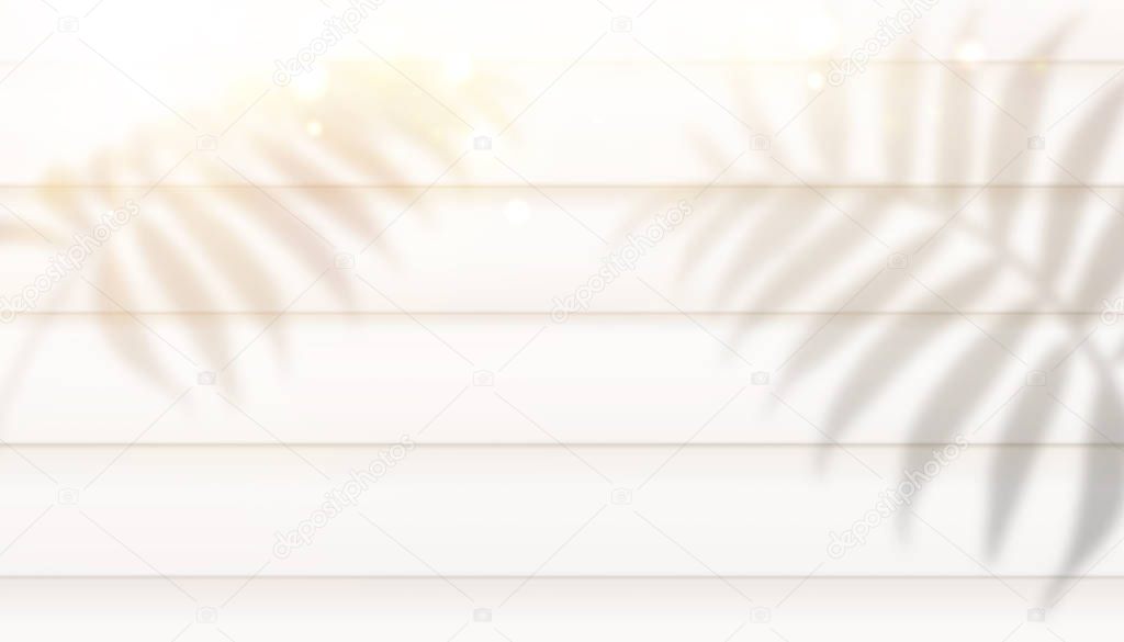 Wooden background with shadows of palm leaves. Mokup template for your flatlay. Vector illustration