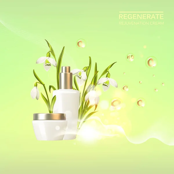 Awesome bouquet of snowdrop galantus and bottle, jar with a regenerate cream for your body. Skin shampoo cosmetics plastic tube with vitamin complex for spa relax. Flower wreath on green background — Stok Vektör