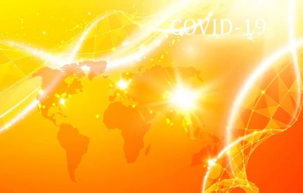 Malattia di Coronavirus infezione da COVID. Mappa delle parole su sfondo arancione con il flash luminoso sulla Cina. Illustrazione scientifica del Coronavirus o del virus della corona. Illustrazione vettoriale — Vettoriale Stock