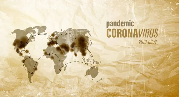 Пандемія коронавірусу на старому коричневому папері. Різновид вірусу 2019-nCoV. Ілюстрація всесвітньої карти . — стоковий вектор