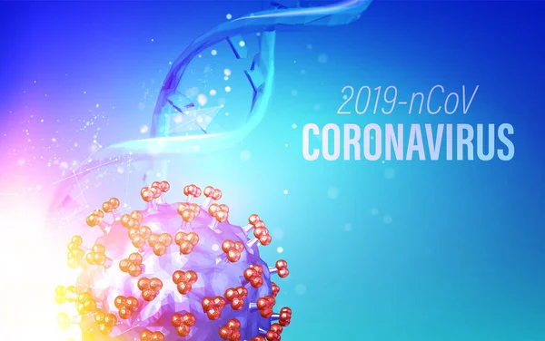 Počítačový model koronaviru v futuristických paprscích přes fialové pozadí a molekulu DNA. 3D model viru 19-nCov. Zůstaňte doma, abyste snížil (a) riziko závažné nemoci. Koronavirová lékařská ilustrace — Stockový vektor