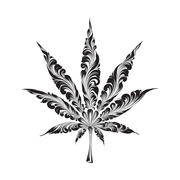 Illustrazione astratta di foglie di cannabis isolata su bianco. Elemento di design disegnato a mano. Illustrazione medica della cannabis — Vettoriale Stock